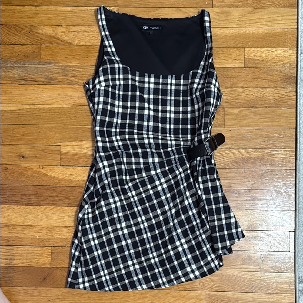 Zara Black and White Plaid Mini Dress with Side Buckle
